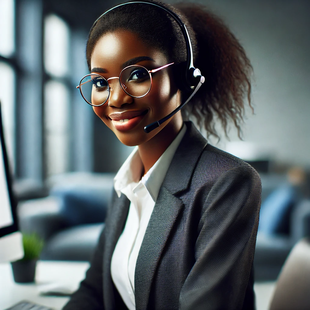 a lady in her official outfit attending to clients using a headphone 